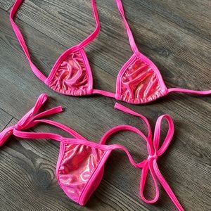 Hot pink gold metallic bikini stripper set new outfit clubwear dancer tie neon